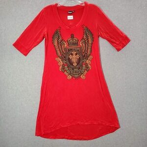 Cruel Women Dress Medium‎ Red Knee Length T Shirt Cross Wings Graphic Studed